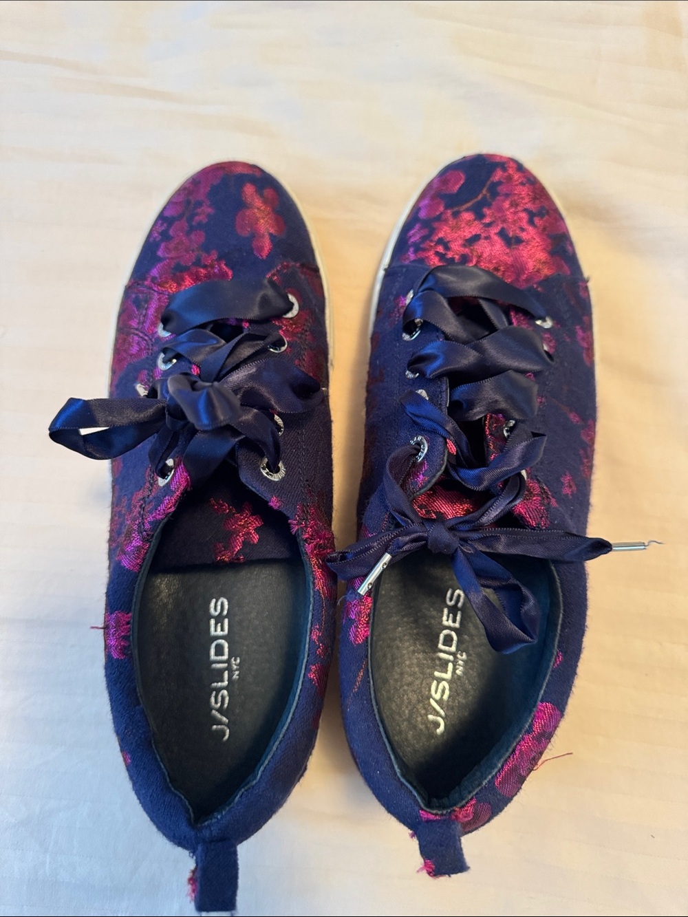 J/SLIDES Navy Sneakers with Fuchsia Floral Brocade